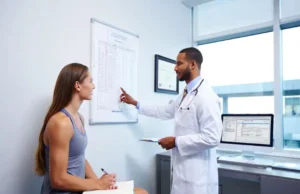 Get Better Care: A Climber’s Guide to Doctor Visits An athletic climber in a doctor's office actively participating in her consultation, holding a notebook while the doctor discusses her care plan.