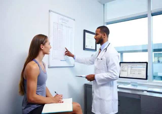 An athletic climber in a doctor's office actively participating in her consultation, holding a notebook while the doctor discusses her care plan.