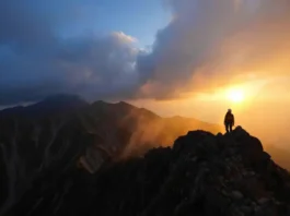 A climber stands on a high mountain ridge, observing a dramatic sky split between golden sunlight and approaching storm clouds, illustrating the volatility of mountain meteorology.