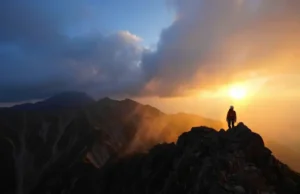 Mountain Meteorology: A Practical Guide for Climbers A climber stands on a high mountain ridge, observing a dramatic sky split between golden sunlight and approaching storm clouds, illustrating the volatility of mountain meteorology.