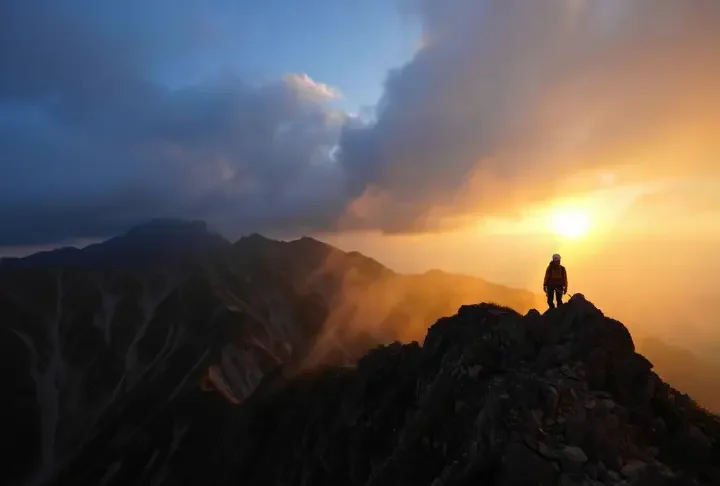 A climber stands on a high mountain ridge, observing a dramatic sky split between golden sunlight and approaching storm clouds, illustrating the volatility of mountain meteorology.