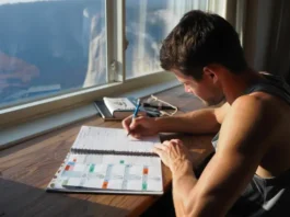 A climber sits at a desk creating a periodization training plan in a journal, with a view of a large mountain cliff face through the window behind him.