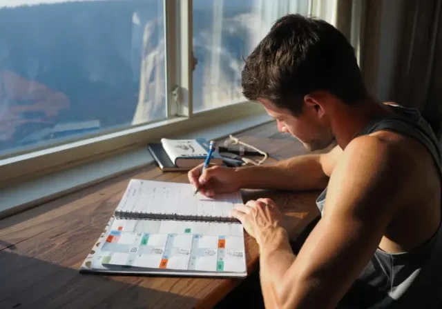 A climber sits at a desk creating a periodization training plan in a journal, with a view of a large mountain cliff face through the window behind him.