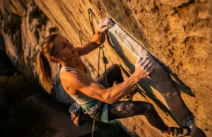 The Science of the Pump: A Climber’s Complete Training Blueprint A determined climber fights through forearm pump high on a steep rock face, illustrating the central theme of the science of climbing endurance and training.