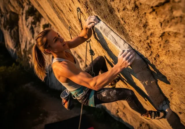 A determined climber fights through forearm pump high on a steep rock face, illustrating the central theme of the science of climbing endurance and training.