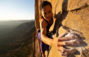 Climber’s Anatomy 101: Your Guide to Injury-Free Hands A skilled female climber's strong, chalked hands gripping a granite rock face during sunrise, illustrating the theme of a guide to injury-free hands in climbing.