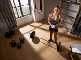 A female climber in a home gym surrounded by equipment, representing a complete rock climbing workout routine from an expert.