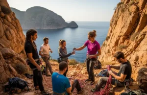 The Definitive Guide to Global Climbing Etiquette A diverse group of international climbers respectfully interacting at the base of a sunny cliff in Greece, embodying the principles of global climbing etiquette.