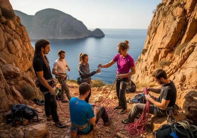 A diverse group of international climbers respectfully interacting at the base of a sunny cliff in Greece, embodying the principles of global climbing etiquette.