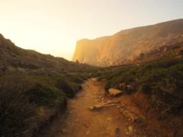 A scenic hiking trail winds through a mountain valley, leading directly to the base of a large granite climbing cliff at sunset.
