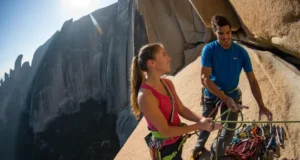 A Guide to Multi-Pitch Systems, Safety & Your First Climb Two competent climbers at a sunny belay station on a vast granite cliff, organizing their gear and ropes as they prepare for the next pitch of their multi-pitch climb.