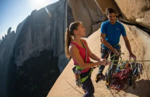 A Guide to Multi-Pitch Systems, Safety & Your First Climb Two competent climbers at a sunny belay station on a vast granite cliff, organizing their gear and ropes as they prepare for the next pitch of their multi-pitch climb.
