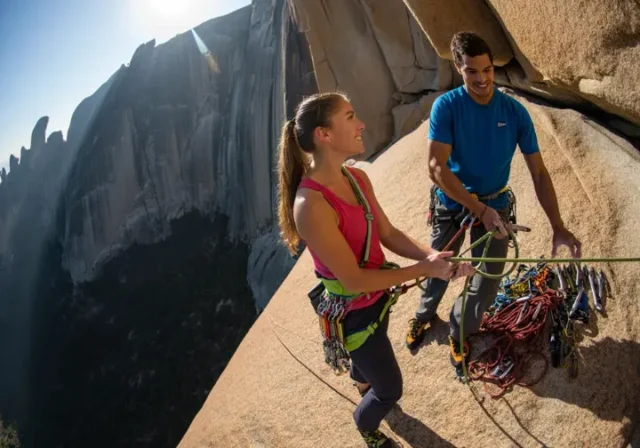 Two competent climbers at a sunny belay station on a vast granite cliff, organizing their gear and ropes as they prepare for the next pitch of their multi-pitch climb.