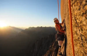 Essential Types of Rope Climbing: Top-Rope, Lead & More A female climber with a prosthetic leg rock climbing on a large cliff, representing the essential types of rope climbing.