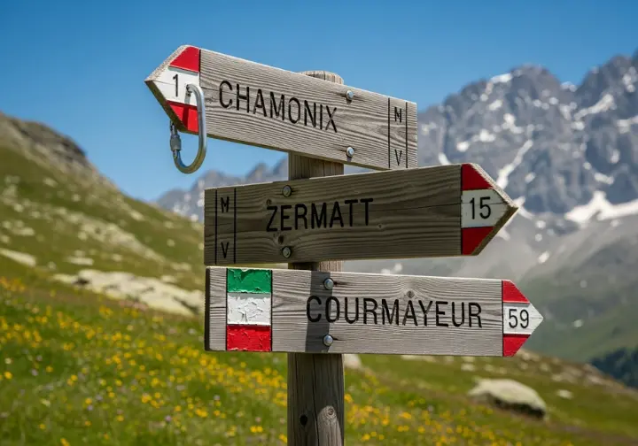 A wooden trail sign in the Alps with three distinct arrows pointing to Chamonix, Zermatt, and Courmayeur, each symbolizing the unique character of the valley.