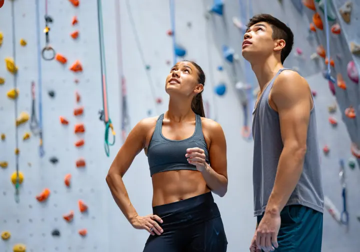 A man and woman stand thoughtfully before a climbing wall, representing the foundational decision-making process for rock climbing during pregnancy.