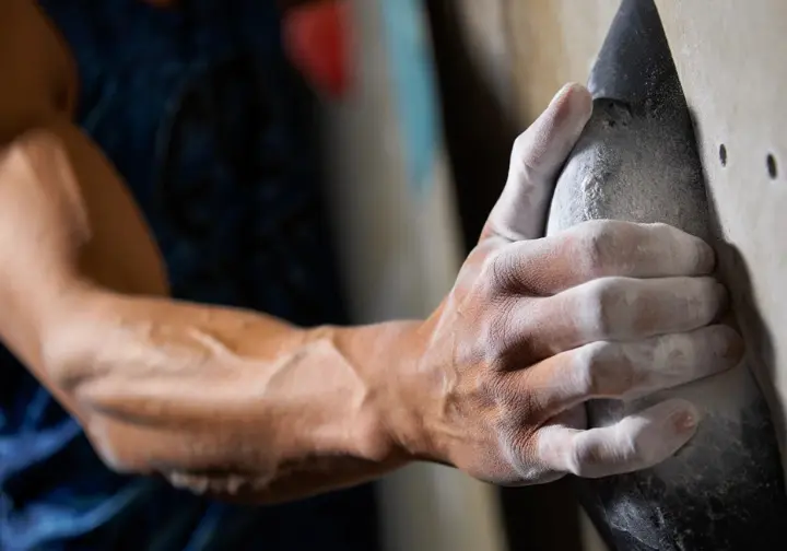 A close-up of a climber's muscular forearm and hand resting on a hold, illustrating the science of physical adaptation from structured training.