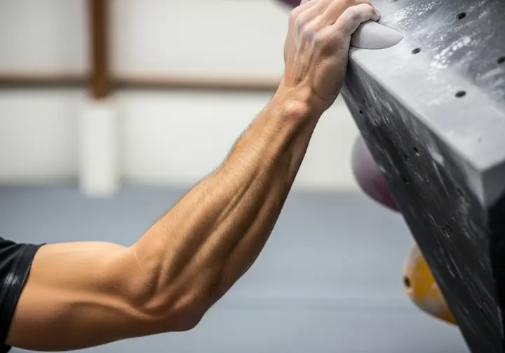 A detailed close-up of a rock climber's tense, pumped forearm gripping a hold, providing a clear visual representation of the muscular fatigue discussed in the article.