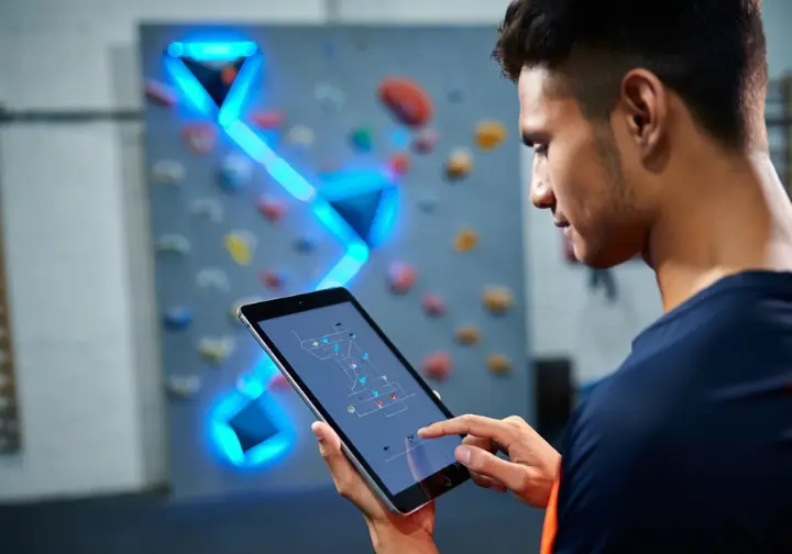 A climber uses a tablet to light up a boulder problem on a standardized interactive climbing board with an LED system.