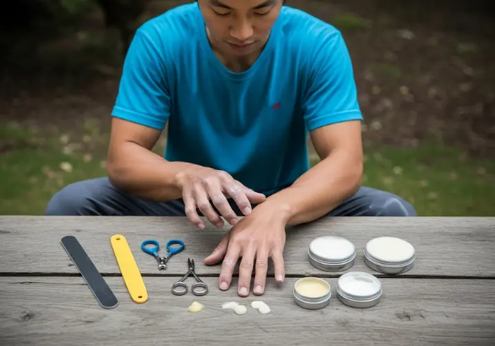 A focused climber inspecting their hands, surrounded by various skin care tools, representing the educational foundation of climbing hand health.