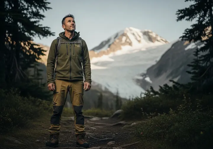 An experienced mountaineer stands at a trailhead, thoughtfully looking towards a distant glaciated peak, representing the long-term financial mindset needed for climbing.