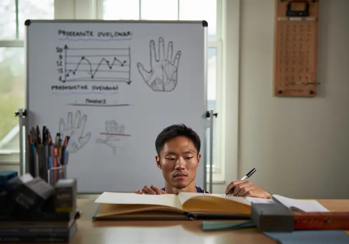 A focused climber writes in a training journal in his home gym, illustrating the philosophy and strategy behind training for rock climbing.