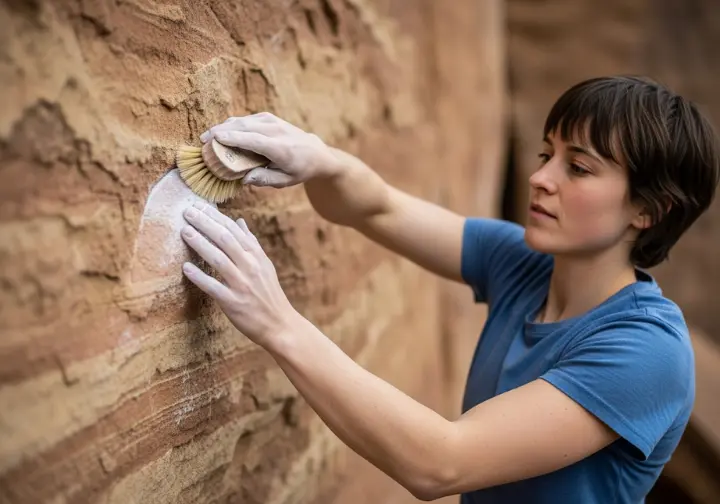 A climber demonstrates universal climbing ethics by carefully using a soft brush to clean chalk off a rock hold, practicing Leave No Trace principles.