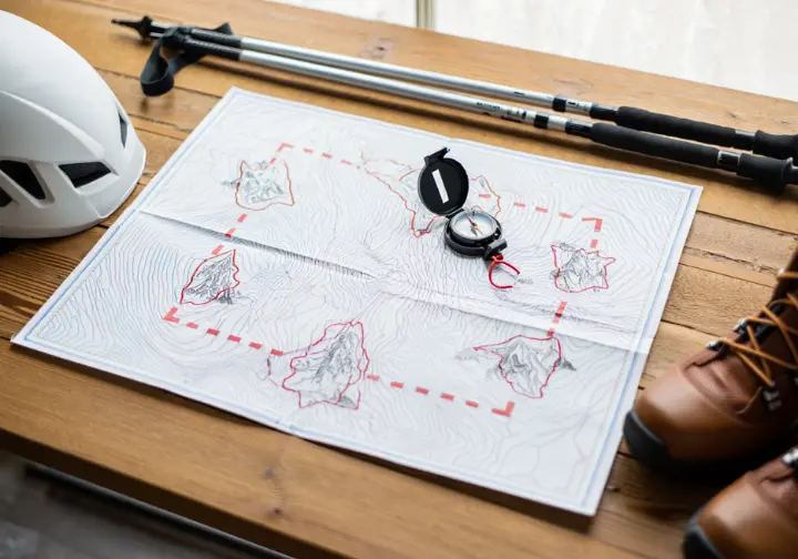 A flat lay of a topographic map with several beginner mountain peaks circled, surrounded by essential climbing gear like boots and a helmet.