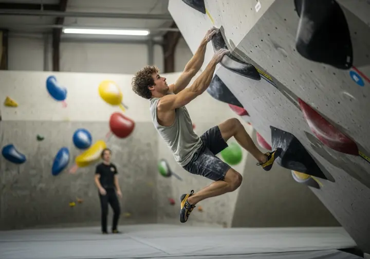 A rock climber executes a powerful, dynamic move in a bouldering gym, demonstrating the use of anaerobic energy systems for high-intensity efforts.