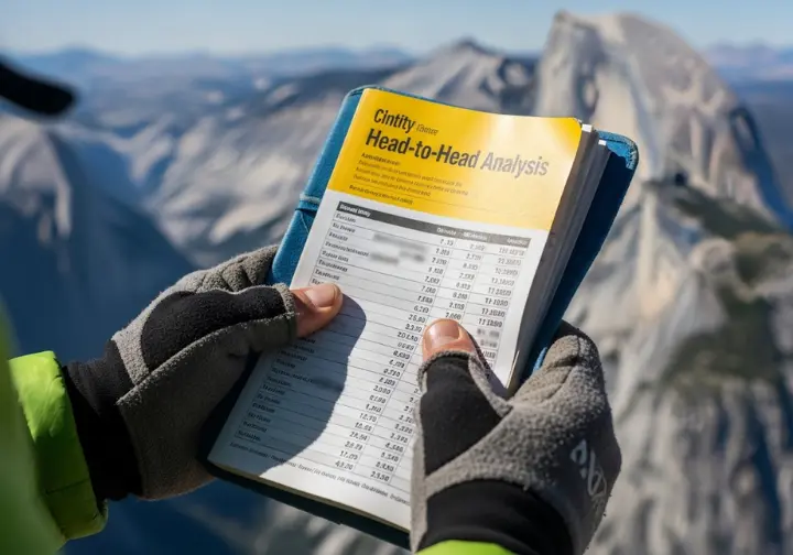 Close-up of a climber's hands holding a guidebook open to a comparison scorecard, with an out-of-focus alpine peak in the background.