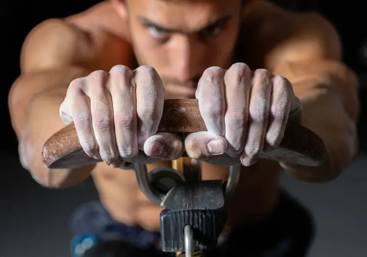 A close-up of a climber's hands on a hangboard during a physical test to objectively measure finger strength and their physical engine.