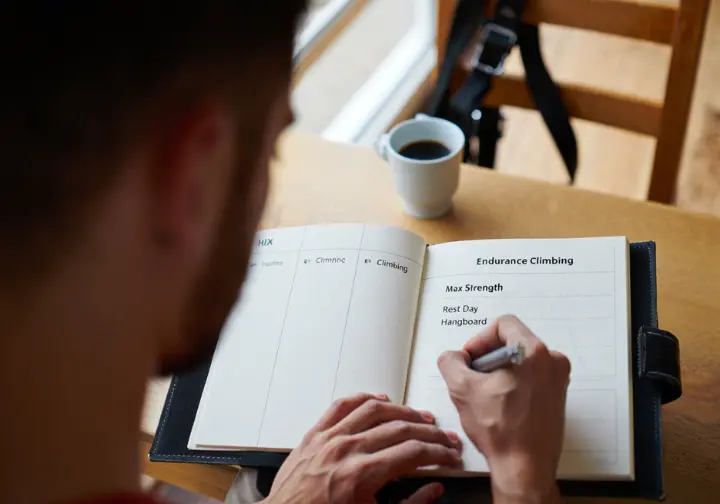 A climber writes in a training journal, planning their weekly workout schedule to demonstrate periodization for peak performance.