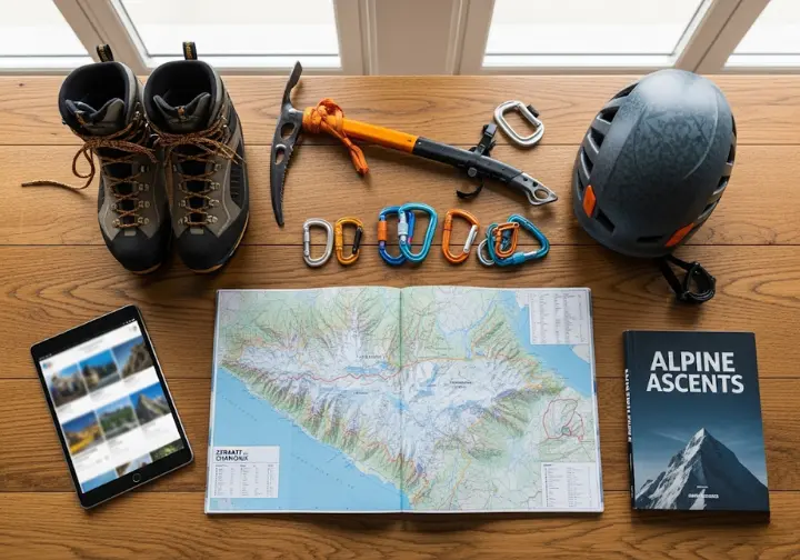 A flat lay of mountaineering gear, maps, and a guidebook representing the process of comparing and choosing a Matterhorn guide service.