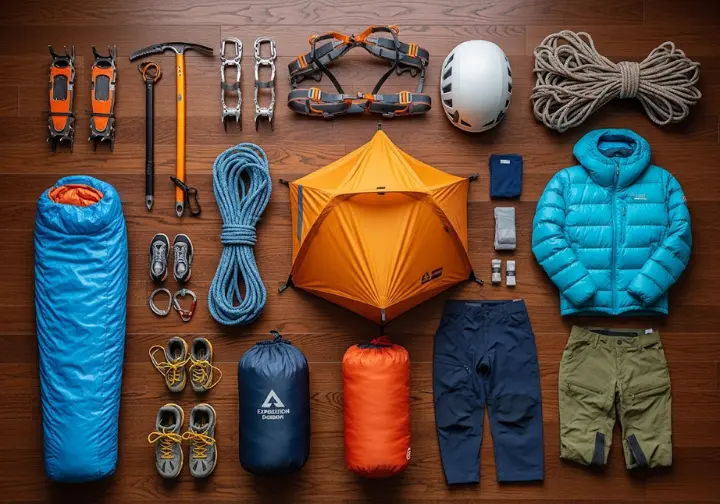 A top-down view of mountaineering gear neatly organized into categories on a wooden floor, illustrating how to break down the costs of an expedition.