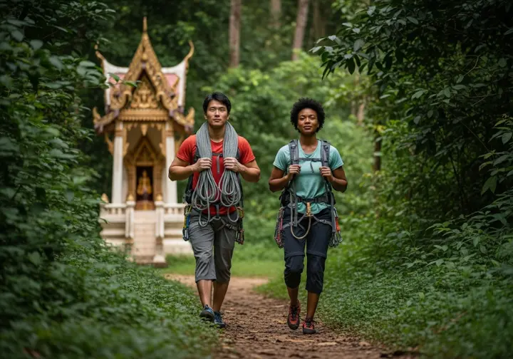 Two climbers with gear walk respectfully on a path near a cultural shrine in Southeast Asia, illustrating regional and cultural climbing etiquette.