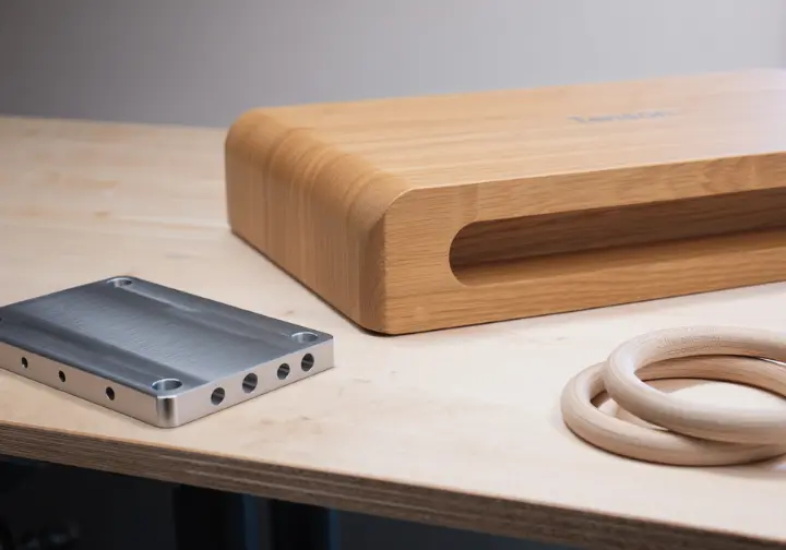 A detailed close-up review of various rock climbing training tools, including a wooden hangboard and a pinch block, arranged on a workbench.