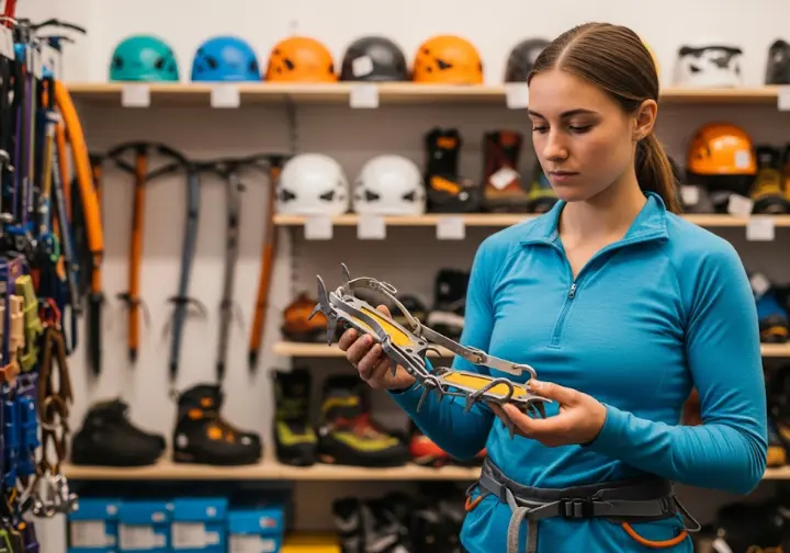 A climber carefully inspects a pair of mountaineering crampons in a gear rental shop, a smart way to acquire equipment without breaking the bank.