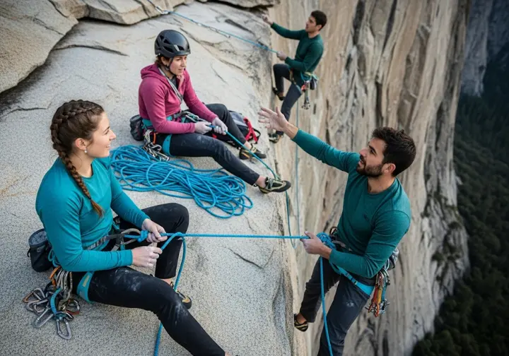 Two experienced climbing teams expertly navigate passing on a high multi-pitch ledge through polite communication and safe rope management.