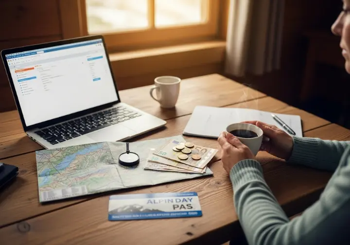 A table set for planning an alpine climbing trip, with a map, laptop, money, and a lift pass, representing logistics and budget.