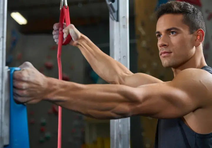 A male climber performs a shoulder-strengthening antagonist exercise with a resistance band as part of a proactive injury prevention framework.
