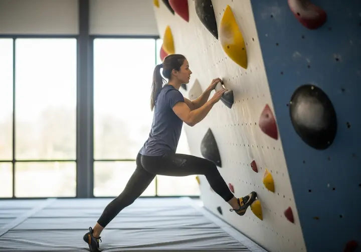 A focused climber performs a low-intensity traverse in a gym, an exercise designed to build the physiological upgrades for long-term climbing endurance.
