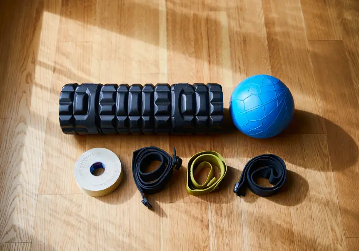 A climber's mobility toolkit, including a foam roller, lacrosse ball, and resistance bands, arranged neatly on a wooden floor.