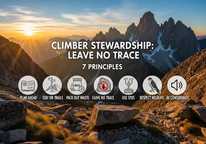 An infographic illustrating how climbers practice environmental stewardship through the seven Leave No Trace principles, each with a specific climbing-related icon.
