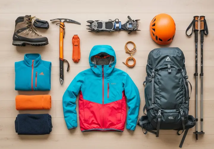 A complete beginner mountaineering kit, including boots, ice axe, crampons, and clothing, arranged neatly on a wooden floor.