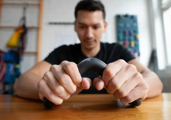A climber performing a finger extensor exercise with a resistance trainer, demonstrating a key preventative exercise for building resilient hands.
