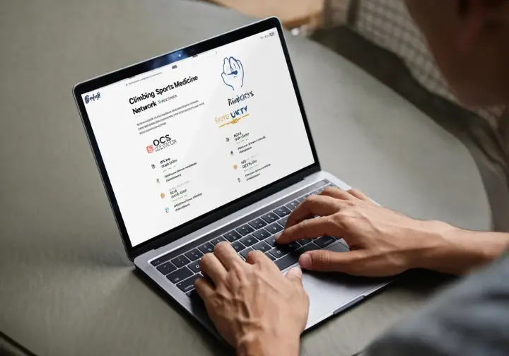 A person searching an online directory on their laptop to find a climbing-aware sports medicine doctor or physical therapist.