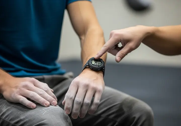 A climber checks their stopwatch while resting during a structured hangboard training session, illustrating a key part of a plan for peak climbing endurance.