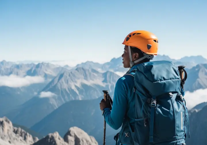 A climber stands peacefully on a mountain summit, looking out at the view, symbolizing the final verdict of choosing an ideal alpine base.