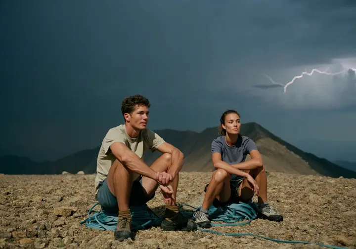 Two climbers demonstrate how to mitigate lightning risk by crouching in the safety position on their packs in a depression as a thunderstorm approaches in the mountains.