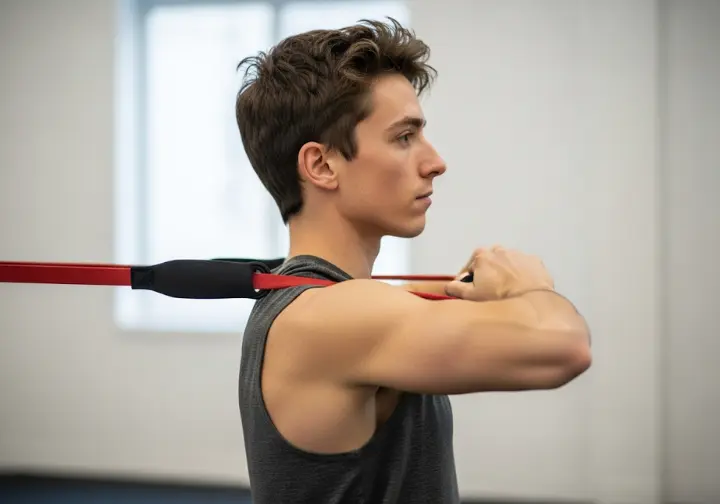 A climber performs a face pull with a resistance band, an important antagonist exercise for climbing injury prevention.